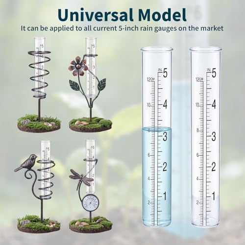 2-Pack Rain Gauge Replacement Tube - 5" Capacity Easy-to-Read Magnifying Rain Gauge for Outdoor - Plastic Clear Rain Gauges for Garden Yard Home - Accurate Measurement with Dual Scales