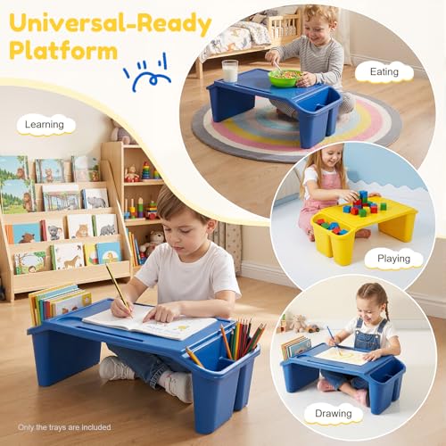 6 Pack Kids Lap Desk, Portable Activity Tray with Side Storage, Stackable Plastic Breakfast Laptop Trays for Home, Classroom, Daycare (Red+Blue+Yellow)