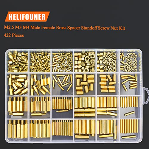 HELIFOUNER 422 Pieces M2.5 M3 M4 Male Female Hex Brass Spacers Standoffs Screws Nuts Assortment Kit, Threaded Pillar for Printed Circuit Board Motherboard - size: M2.5 M3 M4 Brass Standoff Set