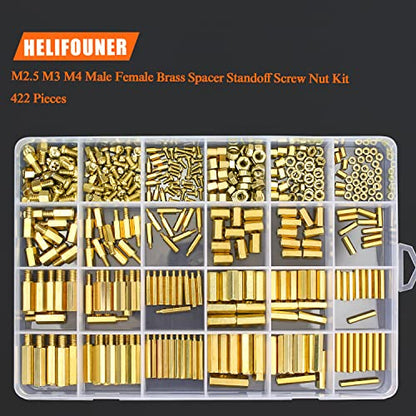 HELIFOUNER 422 Pieces M2.5 M3 M4 Male Female Hex Brass Spacers Standoffs Screws Nuts Assortment Kit, Threaded Pillar for Printed Circuit Board Motherboard - size: M2.5 M3 M4 Brass Standoff Set