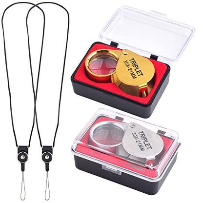 2 Pack 30X 21mm Small Pocket Triplet Jewelry Loupe Metal Folding Magnifying Glass Jewlers Loop with Attached Rope Straps Eye Glass Magnifier for Gems Coins Maps Stamps Currency Detect