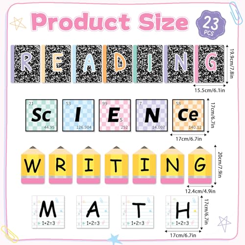 23 Pcs Core Subjects Bulletin Board Decorations Science Reading Math Writing Banner Core Subjects Bulletin Board Composition Subject Label Cutouts for Back to School Teacher Classroom Decoration