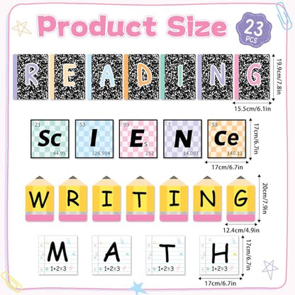 23 Pcs Core Subjects Bulletin Board Decorations Science Reading Math Writing Banner Core Subjects Bulletin Board Composition Subject Label Cutouts for Back to School Teacher Classroom Decoration