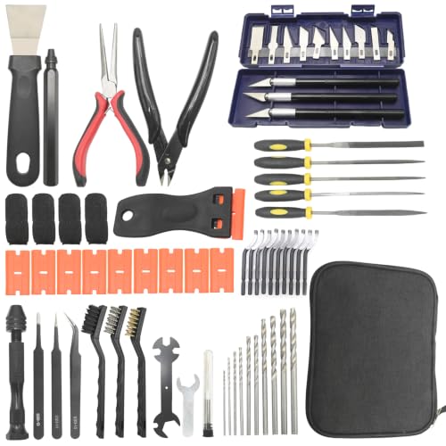 Hoypeyfiy 68Pcs 3D Printer Tools Kit with Storage Case, Replacement for Bambu Lab Ender 3 Kobra and More Printers, Deburring Tool, Scrapers, Metal Files, Brushes, Hand Drill, Tweezers