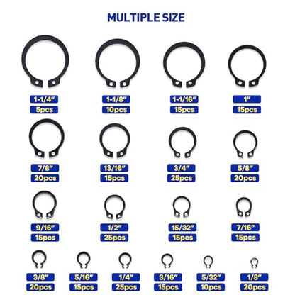 Boatsea 300Pcs C-Clip Circlip External Circlip Snap Retaining Clip Rings Assortment Kit, Alloy Steel Snap Ring Shop Assortment Set, 18 Sizes External Retaining Rings of 1/8"-1-1/4" - size: C-Clip 300PCS