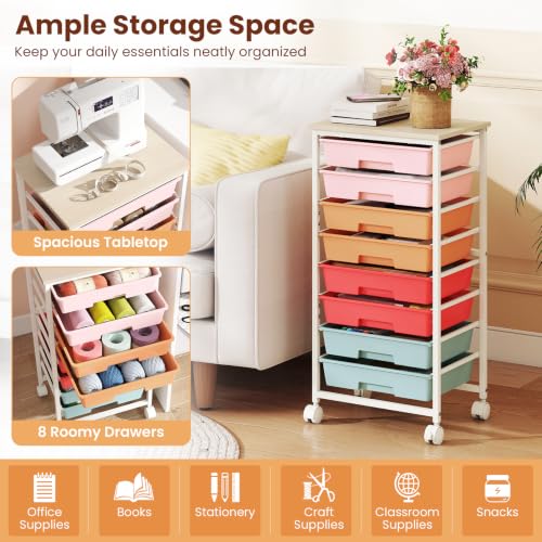Giantex 8 Drawers Rolling Cart with Wheels, Wood Top, Sturdy Frame - color: Macaron, size: 8 Drawer-15"x11"x30"