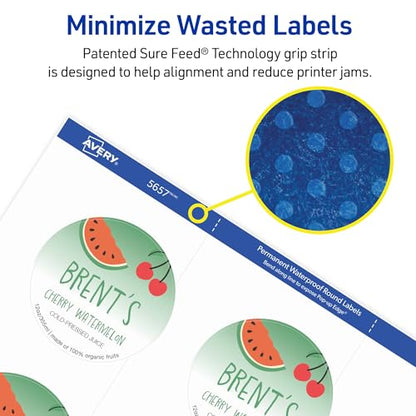 Avery Durable Waterproof Labels, Sure Feed Technology, 2" Diameter,Matte White, Laser/Pigment-Inkjet Printable,96 Blank Label,Great -Food Containers,Product Merchandising, and More (5657) (Pack of 5) - style: 96 labels (Pack of 5)