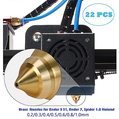 Creality 22PCS Ender 5 S1 Brass Nozzles Kit, 3D Printer 10PCS 0.4mm and 2PCS 0.2mm, 0.3mm, 0.5mm, 0.6mm, 0.8mm, 1.0mm Nozles Kit for Ender 3 V3 SE, Ender 5 S1, Ender 7, Spider 1.0 - style: Ender 3 V3 SE Brass Multi Size