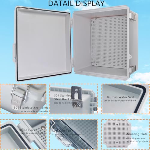Waterproof Junction Box, ABS Plastic Electrical Box with Stainless Steel Latch, Hinged Cover Electric Project Enclosure Box with Mounting Plate, Wall Brackets 13"x13"x6.7" - color: Grey, size: 13"x13"x6.7"