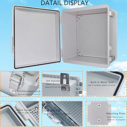 Waterproof Junction Box, ABS Plastic Electrical Box with Stainless Steel Latch, Hinged Cover Electric Project Enclosure Box with Mounting Plate, Wall Brackets 13"x13"x6.7" - color: Grey, size: 13"x13"x6.7"