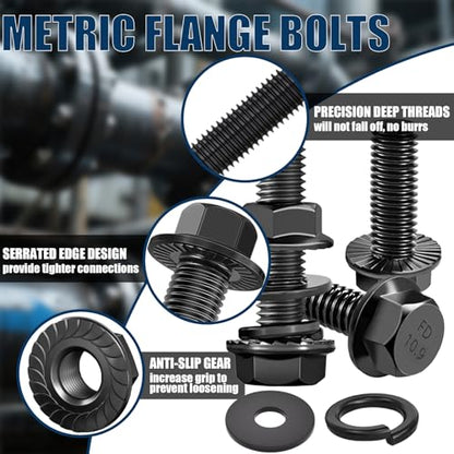 400PCS Metric Flange Bolt Assortment, 10.9 Black Zinc - color: Black KIT -400PCS