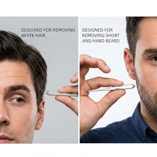 AUSOMTEK Beard Tweezers, White Hair Plucking, Fine Hair Removal, Eyebrows Shaping Tool, 5mm Tip, Stainless Steel, Cyan PU Case 1Pack