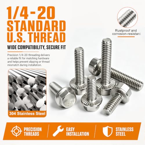 mankk 25PCS 1/4-20 x 1 Flanged Hex Head Bolts, 18-8 (304) Stainless Steel, Serrated Flange, Fully Threaded, for Auto, Motorcycle, Marine & DIY - size: SS 1/4-20 x 1"