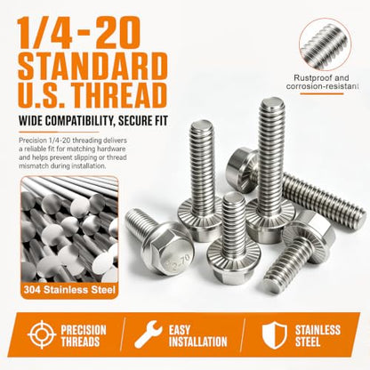 mankk 25PCS 1/4-20 x 1 Flanged Hex Head Bolts, 18-8 (304) Stainless Steel, Serrated Flange, Fully Threaded, for Auto, Motorcycle, Marine & DIY - size: SS 1/4-20 x 1"