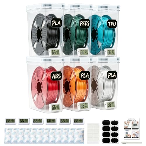 6 Pack Filament Storage Box with Temperature & Humidity Monitor, Airtight Dry Boxes with Desiccants & Label, Waterproof & Dust-Proof 3D Printer Filament Storage Container for PLA/ABS/PETG/TPU