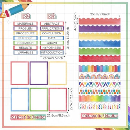 Fuyoooo 90 Pcs Science Fair Board Supplies 60 Trim Scalloped Bulletin Board Borders 24 Presentation Board Subtitles 6 Science Fair Titles for Classroom Display Boards (Watercolor) - style: Watercolor