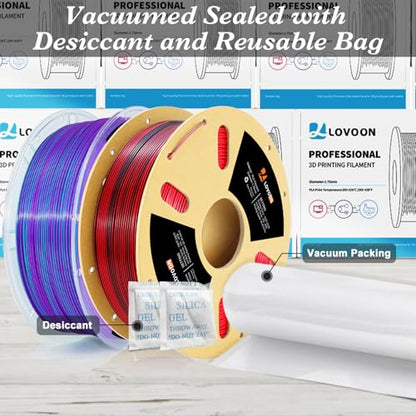 LOVOON Silk PLA Filament 1.75mm, 2KG Bundle 3D Printer Filament, 3D Printing Filament Shiny Change by Angle, Dual Color Black/Red and Blue/Purple, 1KG X 2 Spools - color: Black/Red+blue/Purple, size: 2 kg