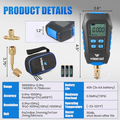 WISSCOOL Digital Micron Vacuum Gauge, Digital Pressure Tester Meter HVAC - color: Blue-V9
