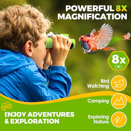 Binoculars for Kids, Toys for 3-12 Year Old Girls and Boys, Bird Watching Hiking 4 5 6 7 8 9 Year Old Girl Boy Christmas Birthday Gifts, Outdoor Toys for Kid Set with Magnifying Glass & Compass - color: Green