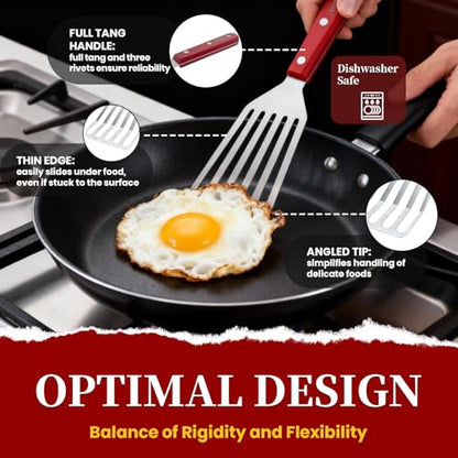 GRILLGEN Fish Spatula Stainless Steel -12.4" Metal Slotted Turner with Full Tang Red Handle, Ultra-Thin Flexible Fish Flipper for Cast Iron Skillet & Grilling, Flipping Eggs & Pancakes, Heavy Duty
