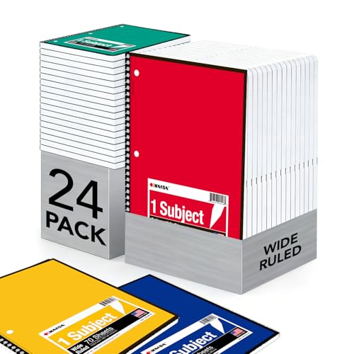 Kaisa Spiral Notebooks 1 Subject Note Books,70 Sheets 6 Vibrant Color Options, 4 Pads Per Color – Abundant Stock for All Your Needs 10.5x8in Wide Ruled, Paper Note Books Home School Supplies for Students Office, 1Carton of 24Books - color: Standard-Wide,