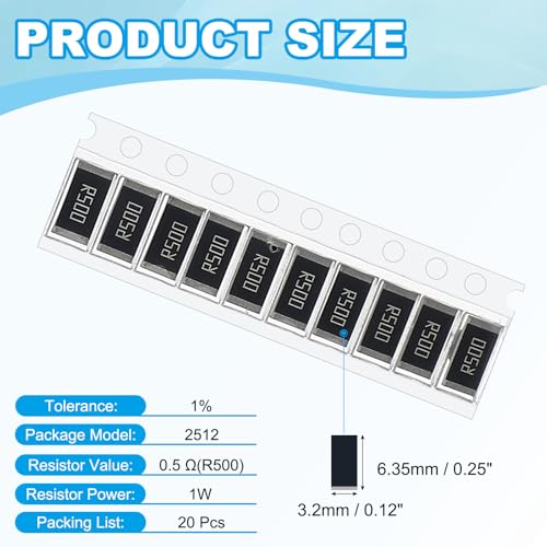 PATIKIL 2512 Surface Mount Device Chip Resistor Kit, 20Pcs 0.5 Ohm 1% Tolerance 1W DIY Resistor Ceramic Resistance Assortment Kits for Electronic Products - style: 0.5 Ohm