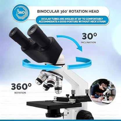 Adult Student Compound Binocular Microscope - 40X-5000X High-Magnification Large-Field Professional Biological Microscope, Suitable for Schools, Laboratories, and Home Education