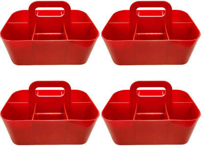 Small Stackable Plastic Caddy with Handle 6 Compartment | Desk, Makeup, Dorm Caddy, Classroom Art Organizers - 4 Pack, Made In USA (Red) - color: Red