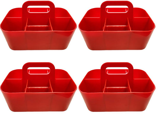 Small Stackable Plastic Caddy with Handle 6 Compartment | Desk, Makeup, Dorm Caddy, Classroom Art Organizers - 4 Pack, Made In USA (Red) - color: Red