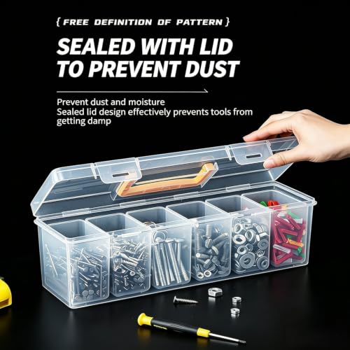 Small Parts Organizer Box with Transparent Lid 1‑Pack, 6-Compartments Movable Organizer Box with for Hardware, Screws, Bolts, Nails, Beads, Jewelry and Fishing Small Accessories, NOT for Large Tools