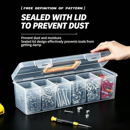 Small Parts Organizer Box with Transparent Lid 1‑Pack, 6-Compartments Movable Organizer Box with for Hardware, Screws, Bolts, Nails, Beads, Jewelry and Fishing Small Accessories, NOT for Large Tools
