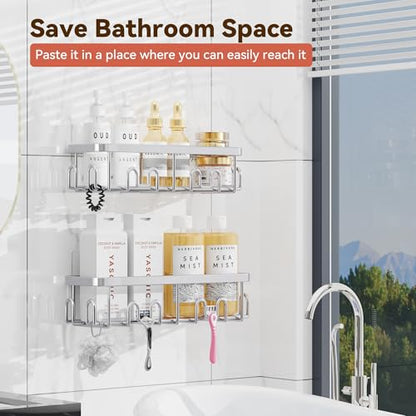 YASONIC Shower Caddy Adhesive, Rustproof Shower Organizer, Wall Shower Rack - color: Silver