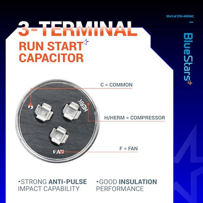 [UL Certified] BlueStars 35+3 MFD 35/3 uf 370 or 440 VAC Dual Run Round Capacitor CBB65 - Fit for Condenser Straight Cool Heat Pump Air Conditioner AC Motor - Replaces USA2226BA 97F9472 C3353R - size: 35+3 MFD