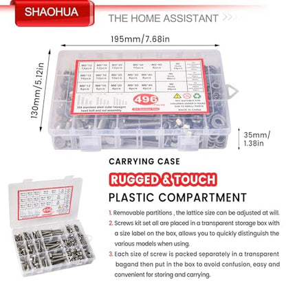 M5 M6 M8 Nuts and Bolts Assortment Kit 12mm-40mm, Metric Bolt Assortment 304 Stainless Steel Bolts and Nuts Kit, Hex Head Cap Screws Kit, Flat & Spring Lock Washer with Wrench, Silver, 496PCS, SHAOHUA - size: H. M5 M6 M8