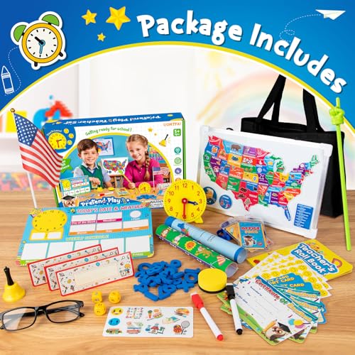 UOMTFAI Pretend Play Teacher Set, Kids Pretend Teacher Playset with Whiteboard Learning Clock Magnetic Numbers and Map Puzzles, Pretend Play Teaching Toys Learning Education Toys for Kids