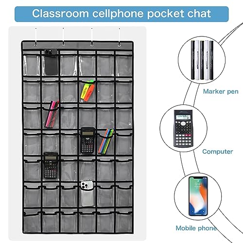 SAVERHO 42 Pocket Classroom Pocket Chart for Cell Phones and Calculator,Clear Cellphone Pocket Chart for Classroom with Number Sticker and hooks (Grey-42 Pockets) - color: Grey-1pack of 42pockets