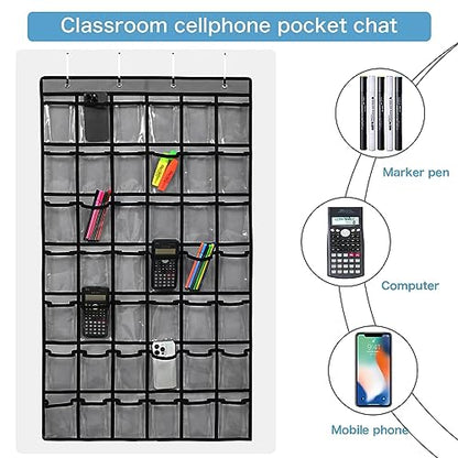 SAVERHO 42 Pocket Classroom Pocket Chart for Cell Phones and Calculator,Clear Cellphone Pocket Chart for Classroom with Number Sticker and hooks (Grey-42 Pockets) - color: Grey-1pack of 42pockets
