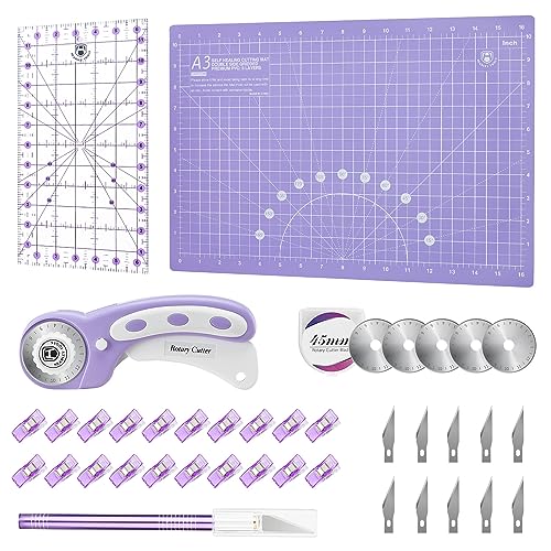 Headley Tools Rotary Cutter Set - 45mm Fabric Cutter, 5 Extra Rotary Blades, A3 Cutting Mat, Quilting Ruler and Sewing Clips, Craft Knife Set, Ideal for Crafting, Sewing, Patchworking, Purple - color: Purple, size: A3 Rotary Cutter Set