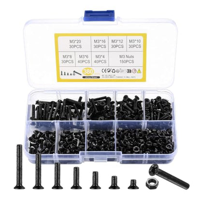 M3 Flat Head Machine Screws and Hex Nuts Kit, 380 Pcs Black Countersunk Head Phillips Screws Bolts Nuts Assortment Kit - M3 x 4mm/ 6mm/ 8mm/ 10mm/ 12mm/ 16mm/ 20mm - size: M3
