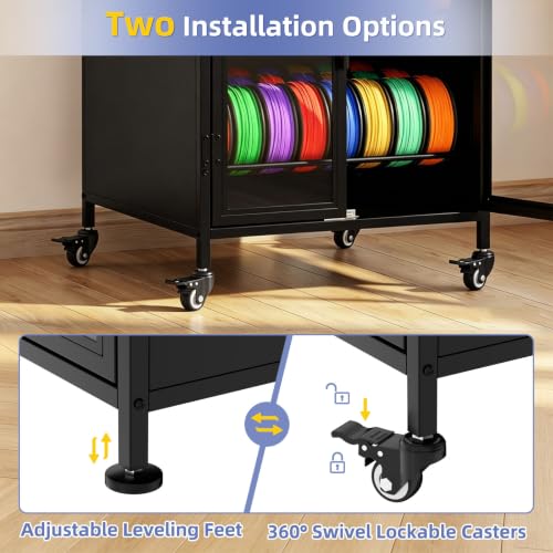 3D Printer Stand with Filament Storage Cabinet, Wheel, Foldable Side Table - color: Black-with Cabinet