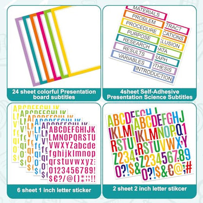 PerKoop 36 Sheets Science Fair Board Poster Boards Supplies 24 Self Adhesive Presentation Subtitles 4 Science Fair Project Titles 8 Personalized Letter Sticker for Classroom(Neon Color) - color: Neon Color