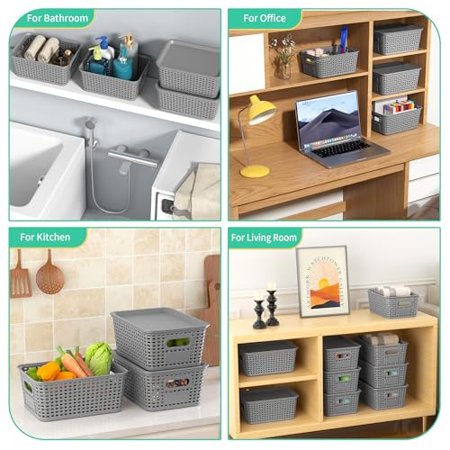 8 Pack Plastic Storage Baskets,Grey Stackable Bins with Lid - color: Grey