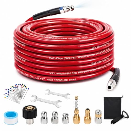 Sewer Jetter Kit for Pressure Washer, 100FT 5800 PSI Drain Cleaner Hose with 1/4" NPT Corner, Rotating and Button Hose Sewer Jetting Nozzle, Waterproof Tape, Pearl Corsage Pin, Spanner, Glove - color: Red - Hose Only, size: 100FT