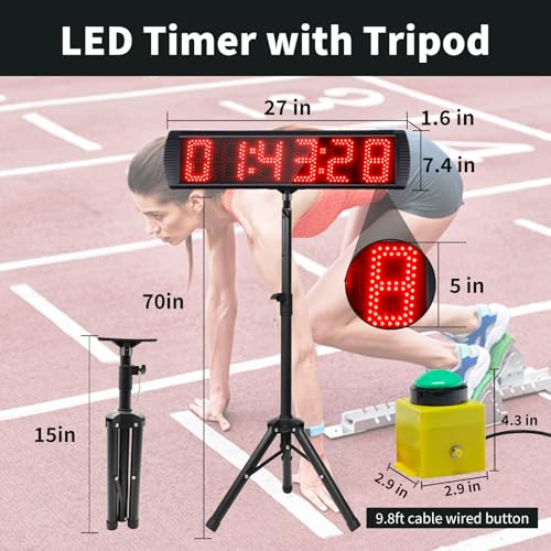 5 Inch 6-Digit LED Race Timer, Running Event Gym Timer for Countdown/Count Up, 12/24 Hour Real Time, Stopwatch with Remote Control, Portable Large Wall Clock（Button+Tripod） - style: button+tripod