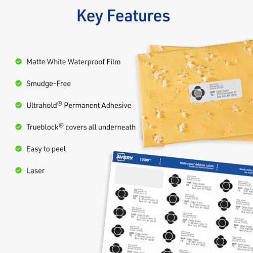 Avery Waterproof Printable Address Labels with Sure Feed, 1" x 2-5/8", White, Ultrahold Permanent Adhesive, Laser Printers, 300 Blank Mailing Labels, Great for Mailing, Branding, and More (15509)