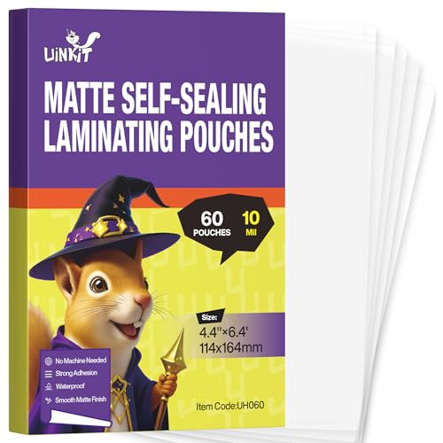 Uinkit 60Pack 4x6 Matte Self Seal Laminating Pouches, 10Mil Thick Double-Sided for Photos & Recipe Cards, Waterproof Anti-Glare Plastic Sleeves to Preserve Pictures, Study Flashcards - color: Matte, size: Photo Size_4R