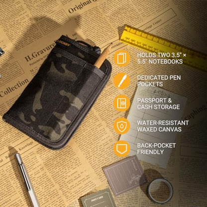 LOCHBY® Pocket Journal | Tomoe River 3.5" x 5.5" Notebook | Waxed Canvas | Ideal for Travelers & Daily Use, Fits Field Notes, Moleskine Cahier - color: Black Multicam, size: Pocket-size Zipper