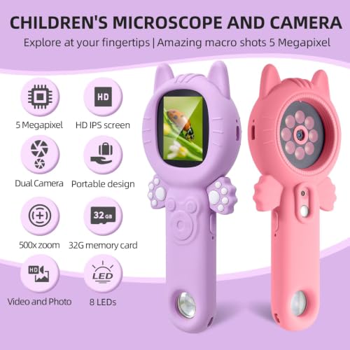 Kids Microscope, 500X Microscope for Kids, Dual Camera - color: Pink