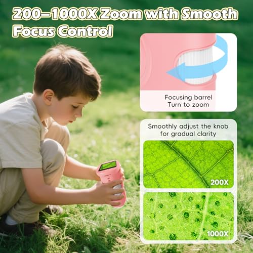 Alotwan Kids Microscope Digital 1000X Zoom, Mini Pocket Handheld Microscope Portable Travel Toys, HD Camera Video Magnifying Glass, Christmas Birthday Gifts for Girls, STEM Toys for Toddlers Age 3-8 - color: Pink