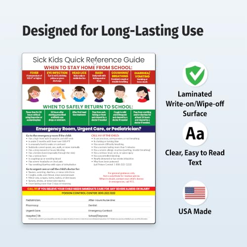 Safety Magnets by ZOCO – Sick Kids: When to Stay Home from School, Pediatric Dosing, Emergency Info Fridge Magnet – Laminated 8.5x11 Card – for School Nurse, Babysitters, Parents, Childcare